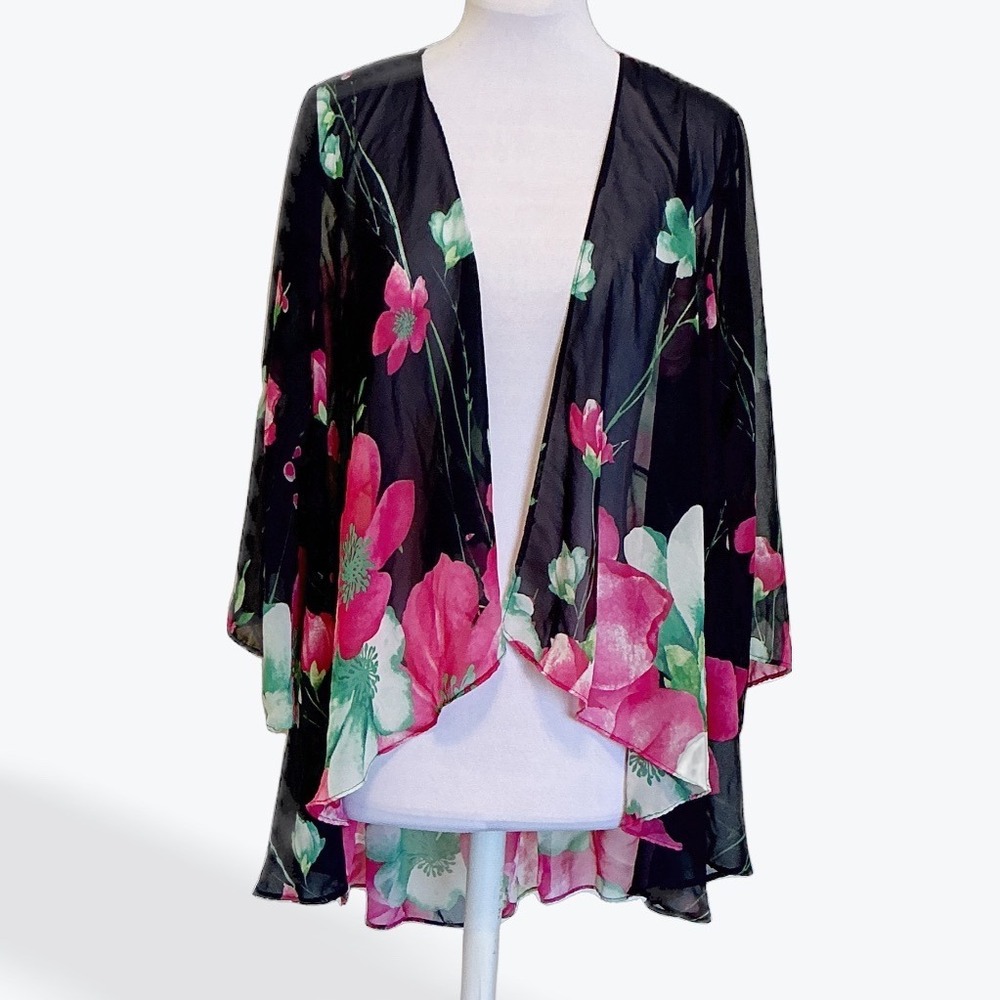 The‎ Boutique Womens Navy Pink Floral Sheer Kimono High Low Wrap Cardigan OS